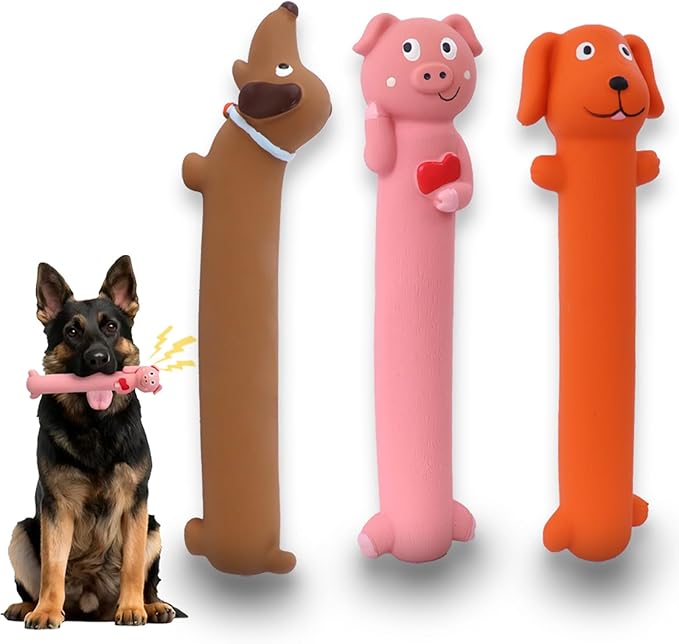 3 pcs 9-11 inch Original Squeaky Latex Dog Toy for Small Medium Large Breeds, Rubber Bite Force Pet Toys for Cat Puppy Animal (Pink Orange Brown), Safe Easy to Clean