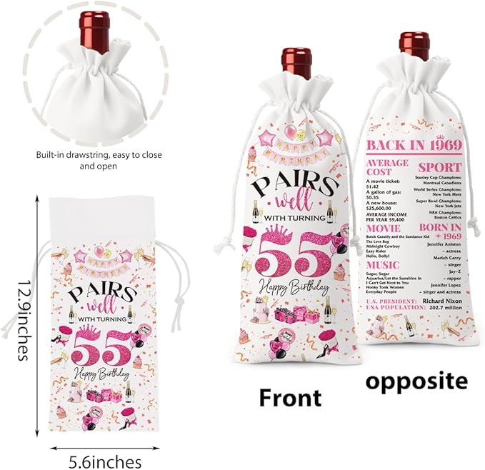 55th Birthday Gifts for Women Men Wine Bag, 55 Year Old Birthday Gifts for Women Men, 55th Birthday Party Decorations for Women Men, Pairs Well with Turning 55 Wine Bags (White Pink)