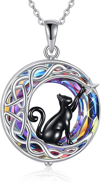 925Sterling Silver Moon Black Cat Necklace for Women Tree of Life Cat Jewelry for Women Abalone Necklace for Cat Lover Birthday