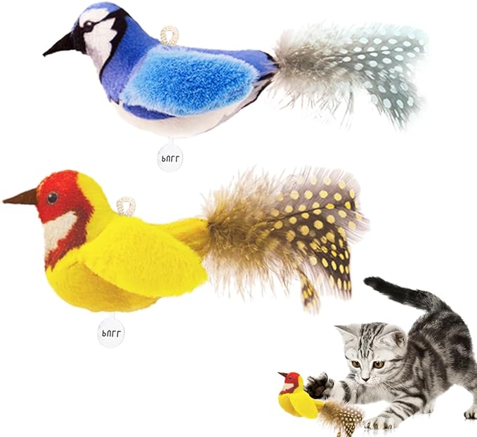 Catnip Cat Toys Boredom Relieve Teeth and Kicking Feather Cat Toys Interactive with Lifelike Chirp Sound Chirping Bird Kitten Toy Real Feather (2 Pack Bird)