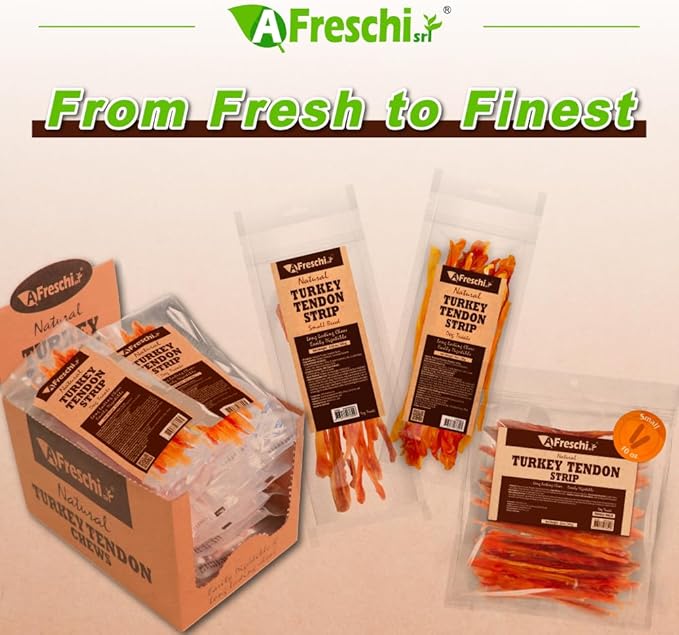 AFreschi Turkey Tendons for Dogs, USA-Sourced, Healthy Dog Treats, Rawhide-Free Puppy Chews, Long Lasting, All Natural, Hypoallergenic Dog Treats for Small Breeds, 10 Pack Box Strips
