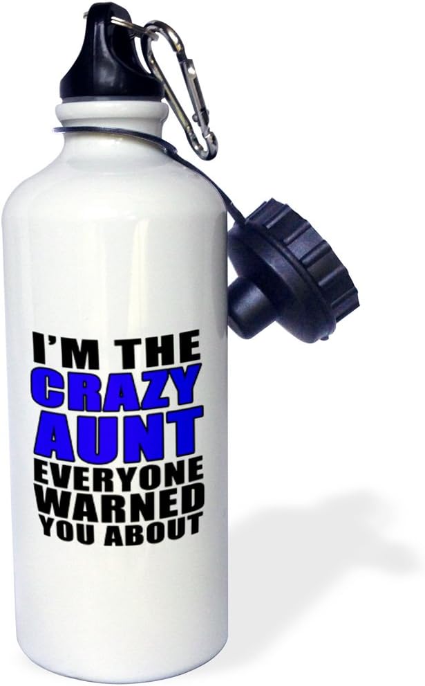 3dRose "Im The Crazy Aunt Everyone Warned You About Blue" Sports Water Bottle, 21 oz, White