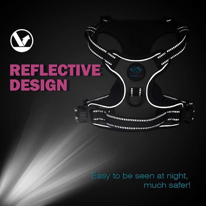 PHOEPET Reflective Dog Harness No Pull Large Breed Vest with 2 Metal Leash Attachment Hooks(XL, Red)