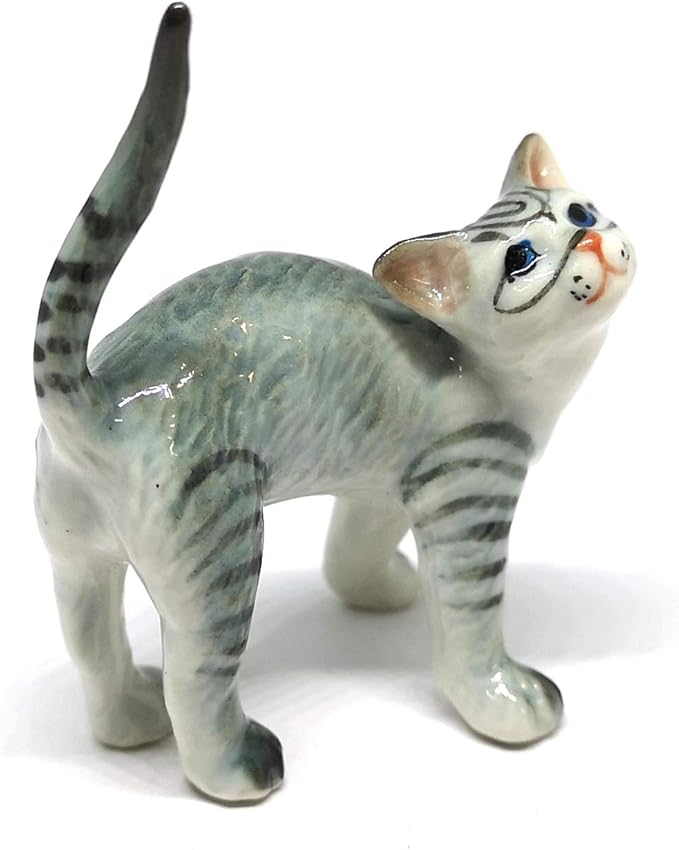 ZOOCRAFT Ceramic Cat Figurine Miniatures Stretching Gray Pet Lovers Collectibles Hand Painted Animal Poecelain