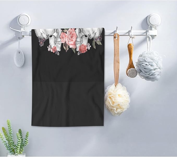 AOYEGO Roses Skull Bathroom Towels Pink Flower Skeleton Head Day of The Dead Soft Bath Hand Towels Microfiber Kitchen Hotel Spa Hand Towels 15x30 Inch