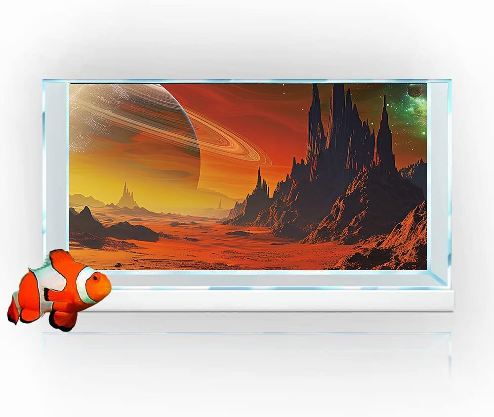 Cosmic Mars Aquarium Background,Galaxy Cool Parallel Space Themed Fish Tank Background, Tropical Desert Terrarium Background 36X18IN with 8 EVA Double-Sided Tape