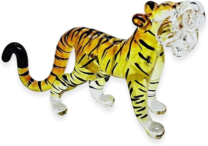 WitnyStore Tiny 1¾" Long Yellow Black Standing Tiger Roaring Figurine - Miniature Hand Blown Painted Glass Panthera Wild Cat Small Crystal Wildlife Animals Decorative Collectible Figurines Décor Gifts