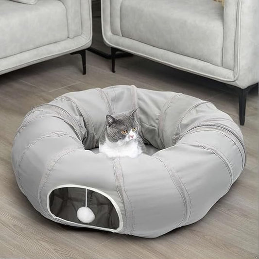 AUOON Cat Play Tunnel - Round Cat Tunnel with Bed | Interactive Cat Toys for Indoor Cats Kitten Kitty Puppy Rabbit Ferret (Light Grey)