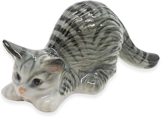 WitnyStore Tiny 2¼" Long Gray Tabby Shorthair Cat Crouching Down Figurine - Miniature Hand Made Painted Ceramic Cats Kitten Feline Animal Cute Porcelain Decorative Collectible Figurines Décor Gifts