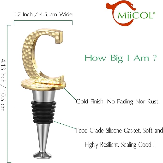 Miicol Wine Stopper, Prosecco Stopper, Wine Bottle Stopper, Personalised Champagne Stopper, Gold Wine Accessories, Wine Lovers Gift, Monogram Gift, Letter C