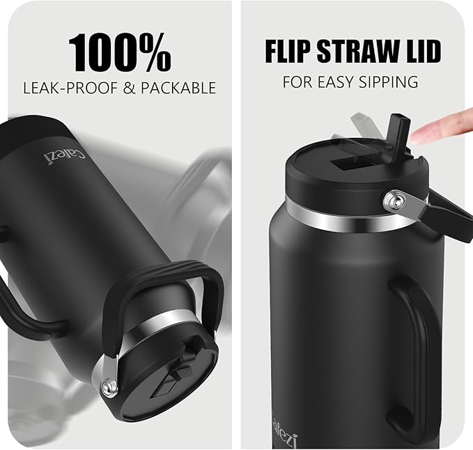 64oz Stainless Steel Water Bottle with Flip Straw - Leak-Proof, Sweat-Free, Top and Side Handle, Anti-Slip Base, Iced for 34 Hours, Dishwasher Safe - Water Jug for Sports Events, Beach Days