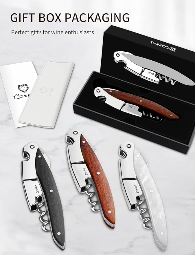 Wine Key - CORKAS Prestige Waiter Corkscrew with Rosewood Handle, Handcrafted Wine Opener Manual with Double Hinged, Foil Cutter and Bottle Opener, Ideal Gifts for Sommelier, Bartenders, Servers
