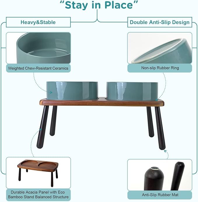 SPUNKYJUNKY Ceramic Elevated Dog Bowls Raised with Acacia Bamboo Wooden Stand, 8.3'' Dog Food Water Bowls Set Non-Slip for Medium Large Sized Breed Microwave Dishwasher Safe - 60 OZ,Dark Green