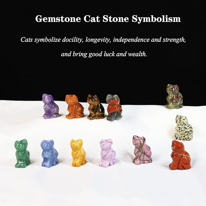 Crystal Cat Figurines Mix 12PCS, 1.5'' Hand Carved Cat Figurine, Healing Cat Statues and Figurines Gemstone Kitten Animal Carving for Collectible Figurines, Home Decor