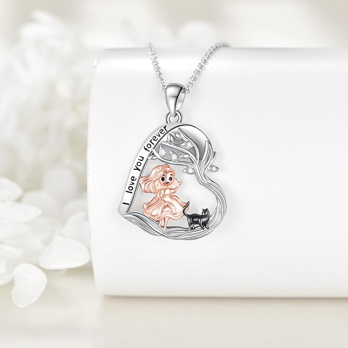 Alice in Wonderland Necklace Sterling Silver Alice Rabbit/Cat Heart Pendant I Love You Forever Jewelry Gift for Women