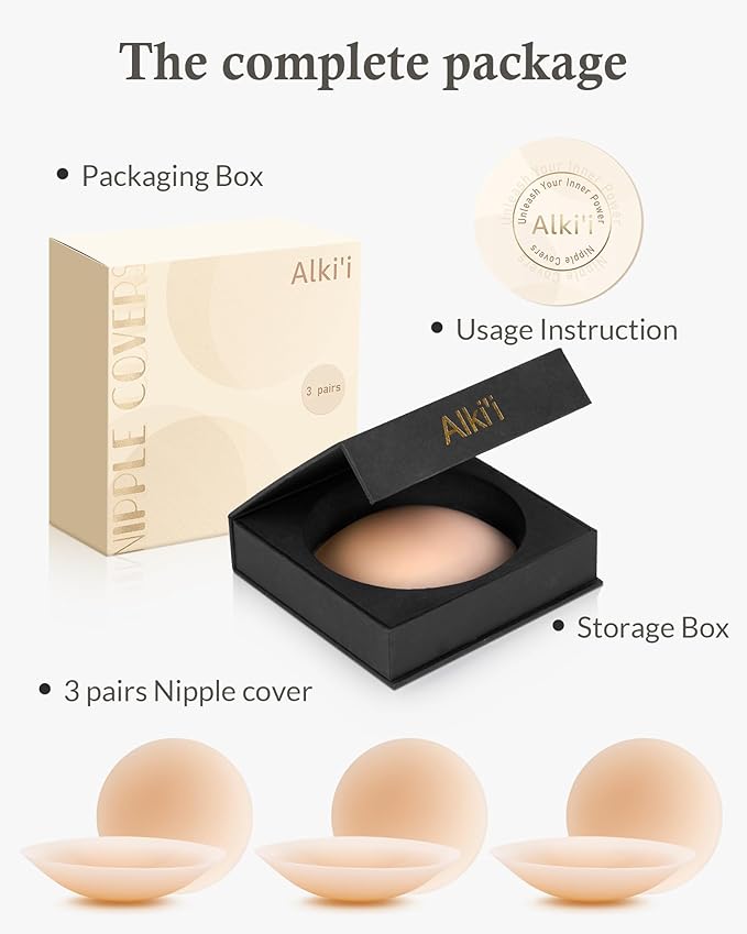 Alki'i Nipple Covers Pasties 3 Pairs, Sticky Bra No Show,Silicone Adhesive Strapless Bra, Reusable Breast Petals for Women