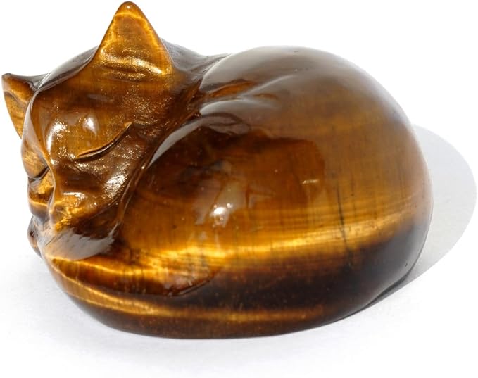 OwMell Tiny Sleeping Cat Statue Hand-Carved Healing Stone Gemstone Little Kitten Statue Figurine 2" - Tigers Eye Sleeping Cat