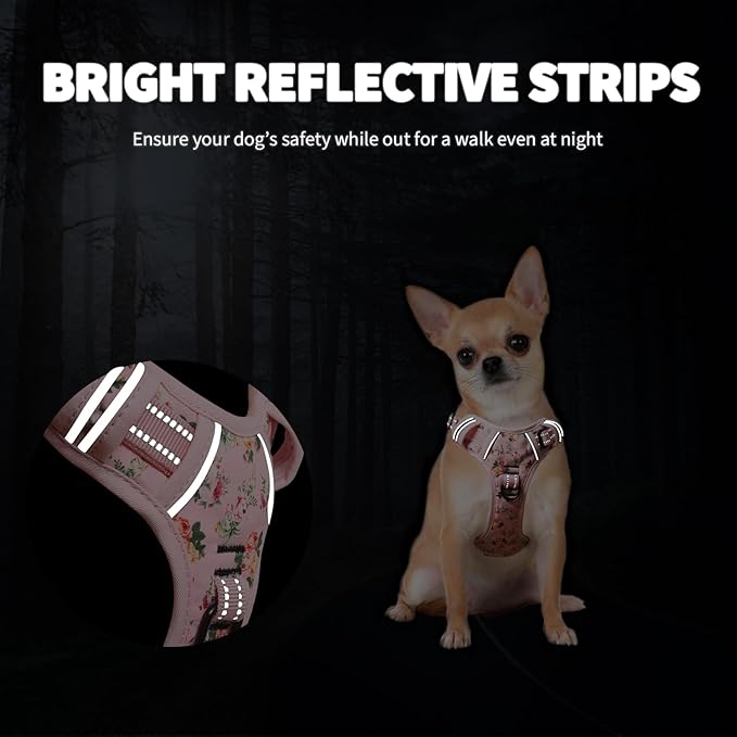 HEELE Dog Harness, No Pull Adjustable Padded Reflective Harness for Small Medium Large Dogs with Handle for Walking Training, Flower-Pink, M