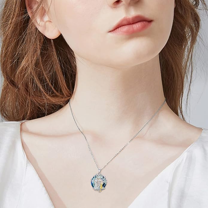 TOUPOP Cat Gifts for Cat Lovers Sterling Silver Cute Cat Tree of Life Pendant Necklace with Blue Circle Crystal Birthday Christmas Jewelry Gifts for Women