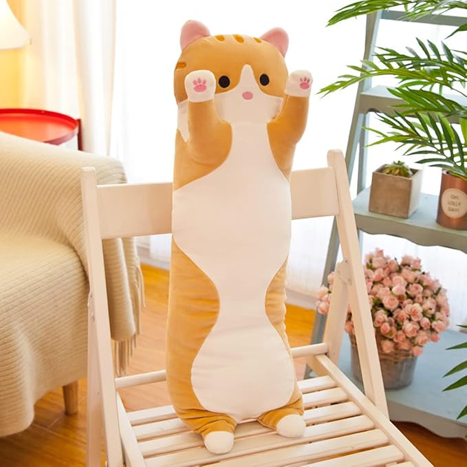 Long Yellow Cat Plush Pillow Toy Sleeping Pillow Cute Cartoon Cat Stuffed Animals Soft Long Body Pillow Gift for Kids(35.43in)