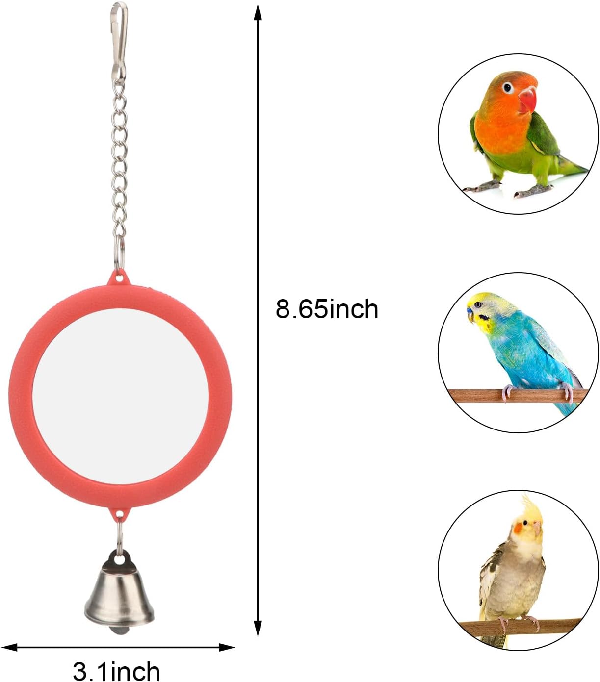 Hypeety Pet Bird Mirror with Bell Interactive Parrot Toy Bird Cage Mirror for Cockatiel Parakeets Canaries Budgie (RED)