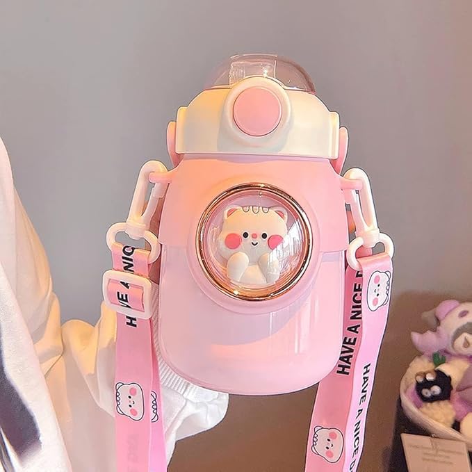 Kawaii Water Bottle with Straw,Travel Cute Water Bottles with Adjustable Strap Leak Proof BPA Free Wide Mouth Water Cup with Lid for Girls(Yellow)