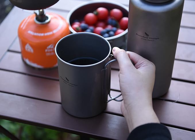 iBasingo 1050ml Titanium Bottle 600ml Nesting Cup Outdoor Camping Single Layer Wide Mouth Cookware Lightweight Portable Bottle Mug Hiking Picnic Solo Cooking Mess Kit