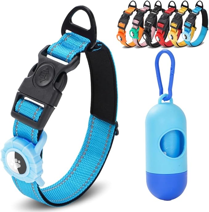 JSXD AirTag Dog Collar, Night Reflective Nylon Dog Collar for Small Medium Large Dogs,Lockable Quick Release Buckle,Padded Breathable Pet Collar with AirTag Holder (Blue, Small)