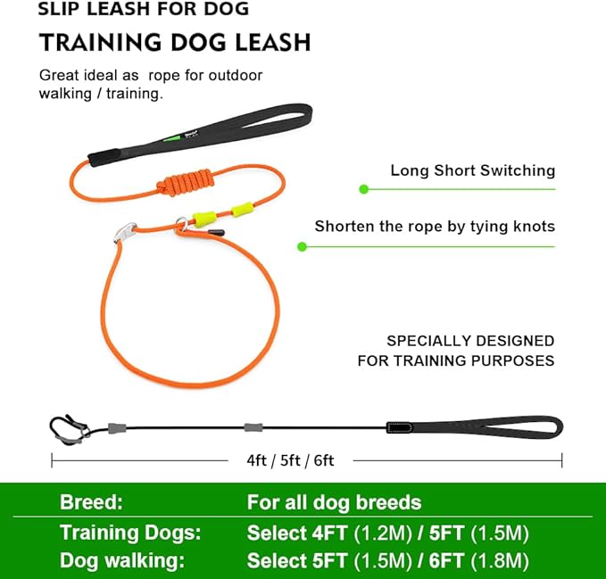 Slip Lead Dog Leash,Training Leash,No-Pull Slip Lead and Collar,Heavy Duty&Durable,6ft Thin Slip Lead for Small,Medium and Large Dogs (Black1.8M Long)