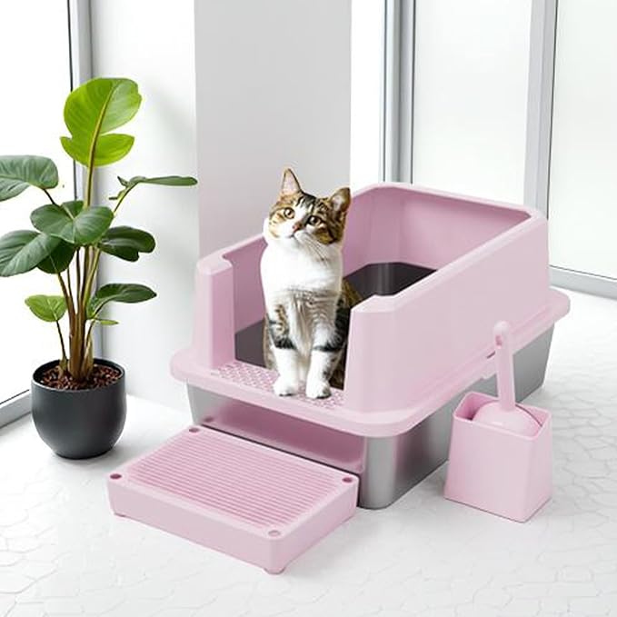 RIZZARI Stainless Steel Litter Box: Pink Leakproof Open Top Tray - Large Size Odor Control for Cats Under 20 lbs - with Deodorizer - 2 Pack - for Laundry Room Restroom
