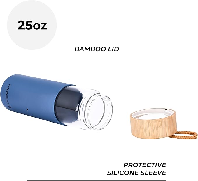 HYDRATE Glass Water Bottle, 25 oz - Gym Drinking Bottles with Slip Resistant Silicone Sleeve and Leak Proof Bamboo Lid - Clear Sports Bottle Made of Borosilicate Glass (10 x 3 inches, Blue)