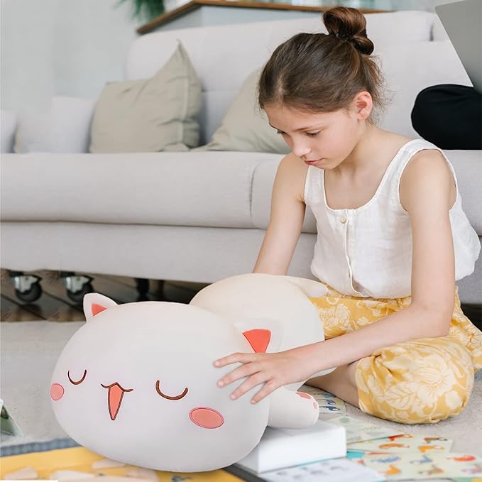 FUYU Cat Stuffed Animals, Soft Cat Plush Pillow Kawaii Kitten Stuffed Animal Toy Gifts for Kids Boys Girls Room Decor (White Squinted Eyes,19in/50cm)