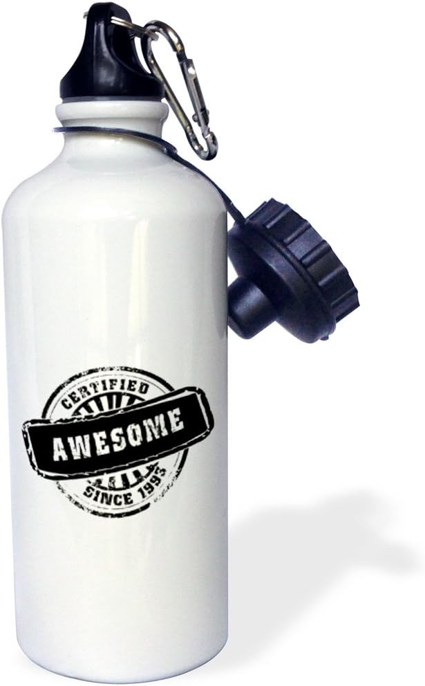 3dRose "Certified Awesome since 1993-funny birthday personal birth year black stamp-fun humor humorous" Sports Water Bottle, 21 oz, White