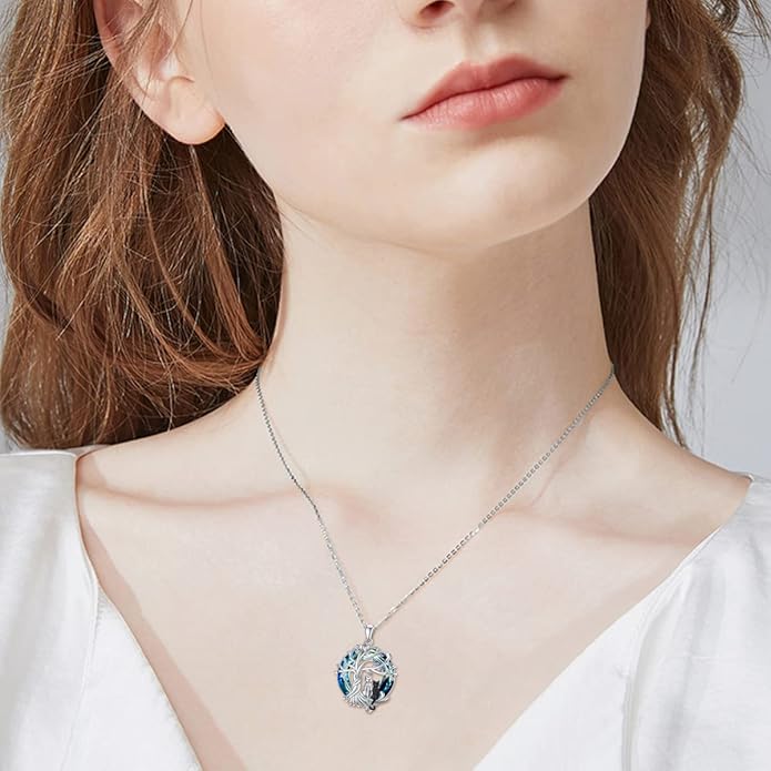 TOUPOP Cat Gifts for Cat Lovers Sterling Silver Cute Cat Tree of Life Pendant Necklace with Blue Circle Crystal Birthday Christmas Jewelry Gifts for Women