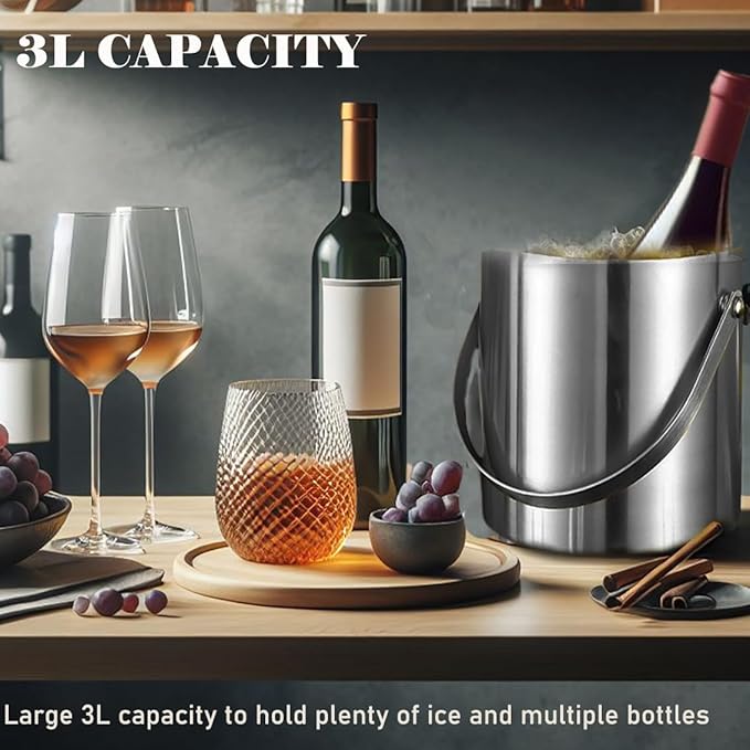 Ice Bucket with Lid, Handle and Tong Insulated Stainless Steel Champagne Bucket 3L Wine Bucket for Party Bar Cart Accessories Large Double Wall Bucket Keep Frozen