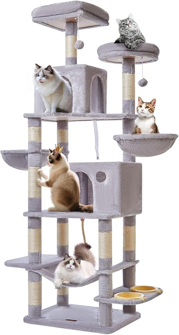 Taoqimiao 76-Inch Cat Tree Cat Tower for Indoor Cats, Plush Multi-Level Cat Condo with 12 Scratching Posts, 2 Perches, 2 Caves, Hammock, 2 Pompoms MS016W Light Gray