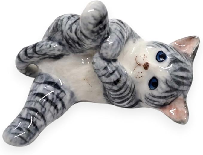 WitnyStore Tiny 1¾" Long White Gray Tabby Shorthair Cat Lying Leg Up Figurine - Miniature Hand Made Painted Ceramic Cats Kitten Feline Animals Cute Porcelain Decorative Collectible Figure Décor Gifts