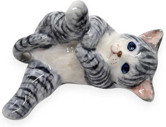 WitnyStore Tiny 1¾" Long White Gray Tabby Shorthair Cat Lying Leg Up Figurine - Miniature Hand Made Painted Ceramic Cats Kitten Feline Animals Cute Porcelain Decorative Collectible Figure Décor Gifts
