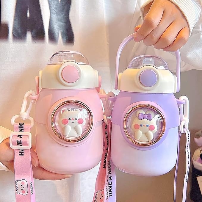 Kawaii Water Bottle with Straw,Travel Cute Water Bottles with Adjustable Strap Leak Proof BPA Free Wide Mouth Water Cup with Lid for Girls(Yellow)