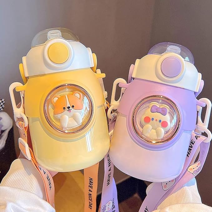 Kawaii Water Bottle with Straw,Travel Cute Water Bottles with Adjustable Strap Leak Proof BPA Free Wide Mouth Water Cup with Lid for Girls(Yellow)