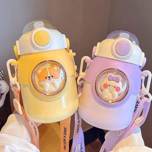 Kawaii Water Bottle with Straw,Travel Cute Water Bottles with Adjustable Strap Leak Proof BPA Free Wide Mouth Water Cup with Lid for Girls(Yellow)