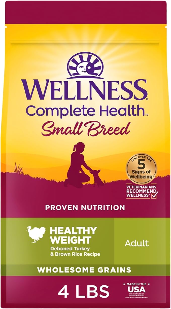 Wellness Complete Health Small Breed Dry Dog Food with Grains, Natural Ingredients, Made in USA with Real Turkey, For Dogs Up to 25 lbs (Adult, Healthy Weight Turkey & Rice, 4-Pound Bag)