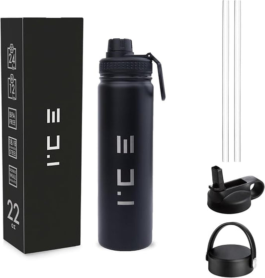 ICE Sports Water Bottle - Includes 3 Lids (1 Straw Lid) & 2 Straws - Leak-proof Stainless Steel Gym & Sport Bottles for Men, Women & Kids - Double Walled, Insulated Thermos (Black, 22 oz)