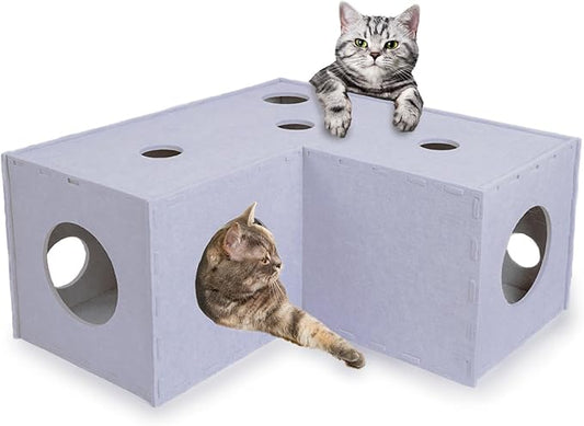 Meeyoview Cat Tunnel, Felt Tunnels for Indoor Cats, Peekaboo Cat Hideaway Cave, L-Shape Cat Tunnel Bed, Interactive Cat Cube Toys for Small Medium Large Cats