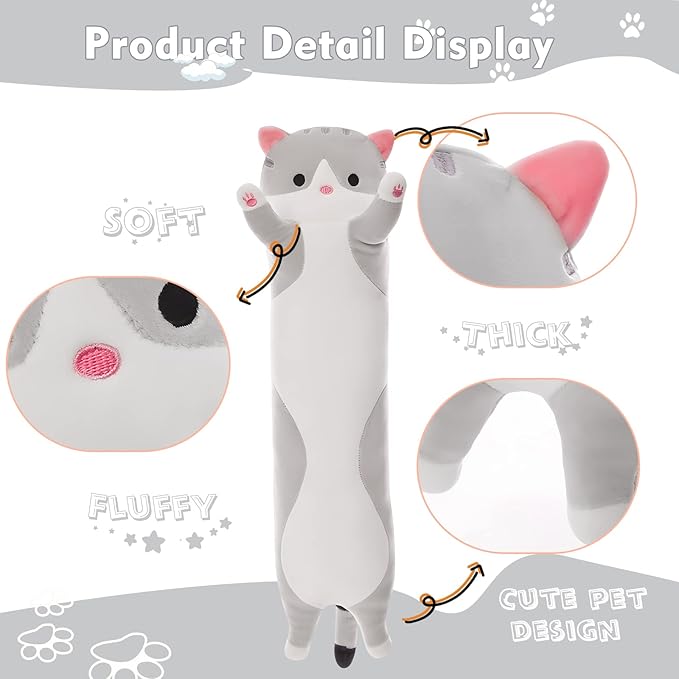 Long Cat Plush Pillow, 27.6in Cute Cat Plushie Stuffed Animals Body Pillow, Grey Kawaii Kitten Soft Plushie Doll Toy Birthday Gift for Kids Girlfriend