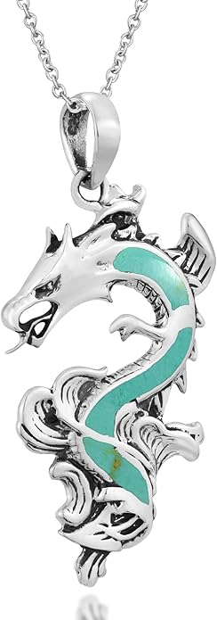 AeraVida Legendary Chinese Dragon Charm Stone Inlaid Accent .925 Sterling Silver Pendant on 18-inch Chain Necklace | Dragon Jewelry Necklace Accessory for Men Women Unisex