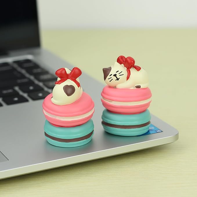 Cute Miniature Cat Figurine Resting on Macaron Resin Mini Cat Figures, Kitten Miniature Desk Accessories - Perfect Cute Cat Gift for Cat Lovers