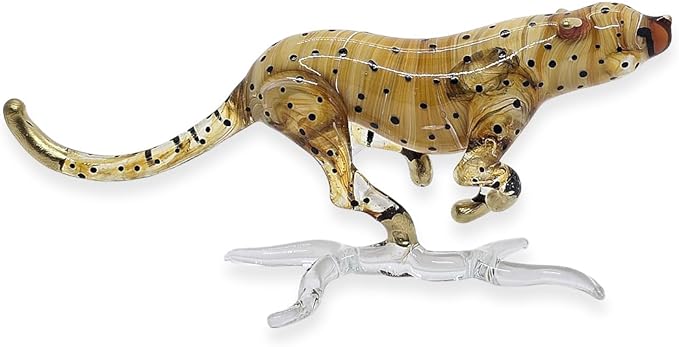 WitnyStore Tiny 6" Brown Running Cheetah Leopard Jaguar - Miniature Hand Blown Painted Glass Panthera Feline Wild Cats Small Crystal Wildlife Animal Decorative Figure Collectible Figurines Décor Gifts