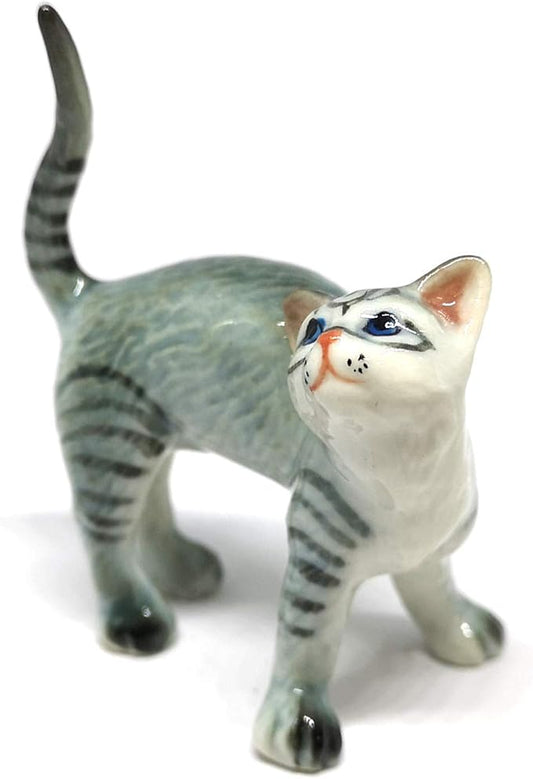 ZOOCRAFT Ceramic Cat Figurine Miniatures Stretching Gray Pet Lovers Collectibles Hand Painted Animal Poecelain