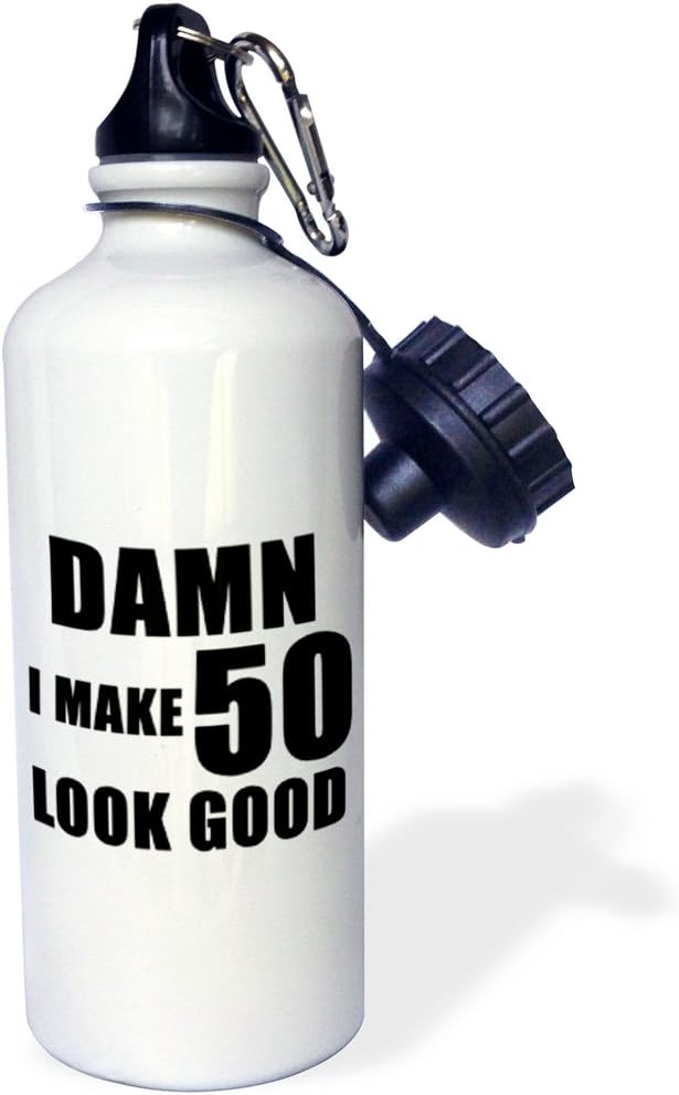 3dRose "Damn I Make 50 Look Good Black" Sports Water Bottle, 21 oz, White